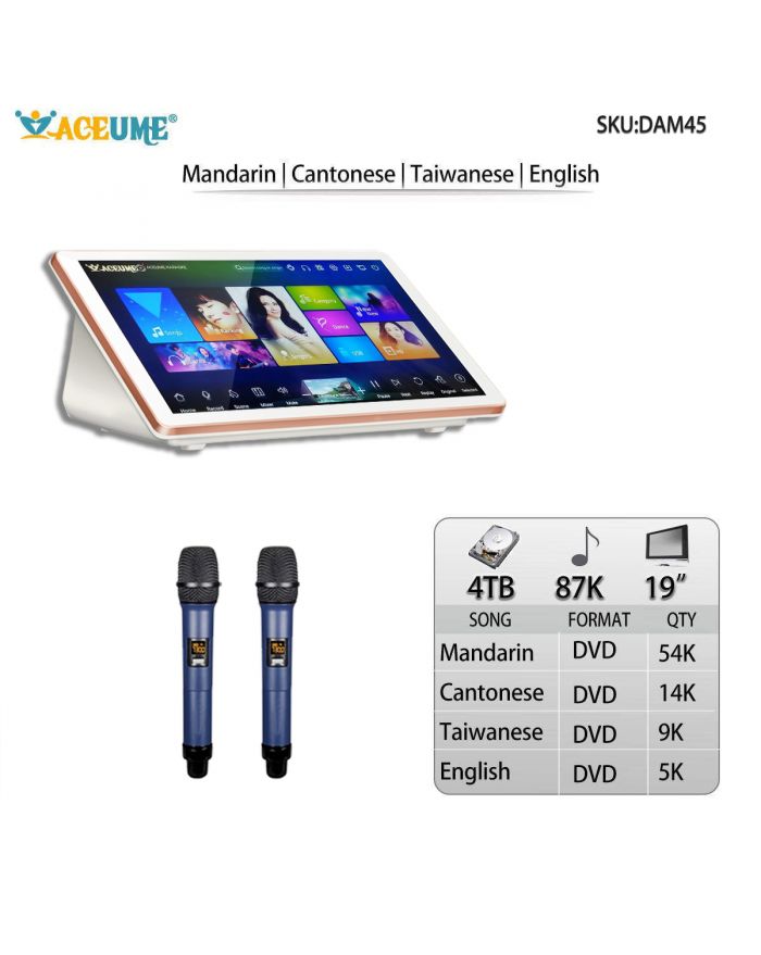 DAM45-4TB HDD 87K Mandarin Cantonese Taiwanese English Songs 19" Desktop Touch Screen Karaoke Player