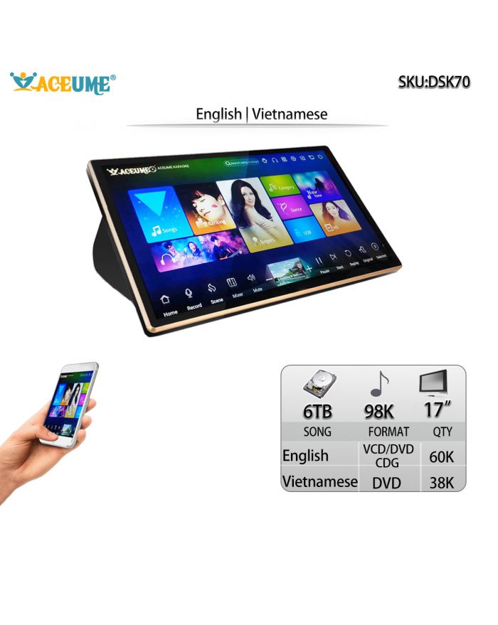 DSK17_70-6TB HDD 98K Vietnamese English 17" Touch Screen Karaoke Player Multi Language Menu Remote Controller and Mobile Device Supported