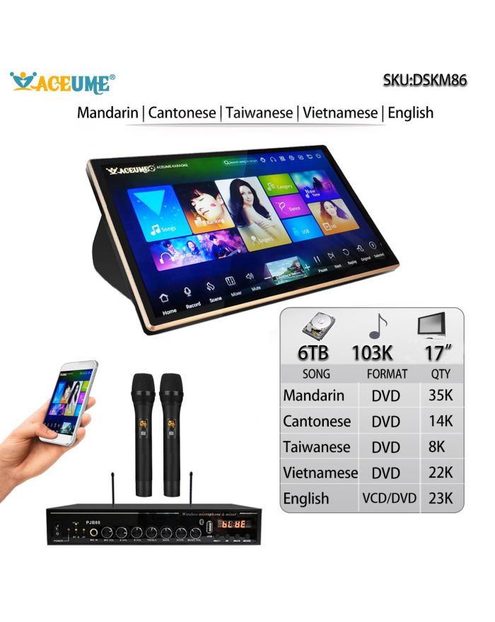 DSK17_M86-6TB HDD 103K Mandarin DVD Cantonese DVD  English DVD Taiwanese DVD Vienamese DVD  Songs 17" Touch Screen Karaoke Player Songs Machine