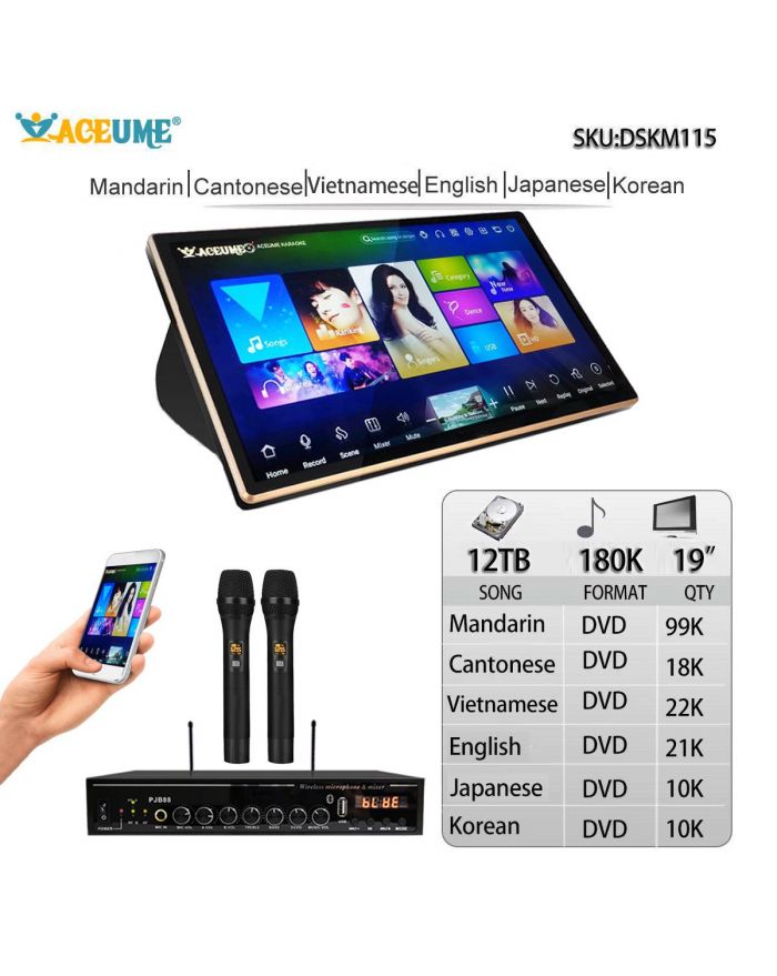 DSKM115-12TB HDD 180K English Chinese Cantonese  Vietnamese Janpanese  Korean Songs 19" Touch Screen Karaoke Machine Individual karaoke Mixer Free Wireless Microphone