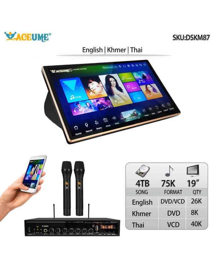 DSKM87-4TB HDD 75K Khmer/Cambodian VCD DVD Thai VCD English DVD Songs 19" Touch Screen Karaoke Player Select Songs Via Monitor And Mobile Deviece Multilingual Menu And Fast Search