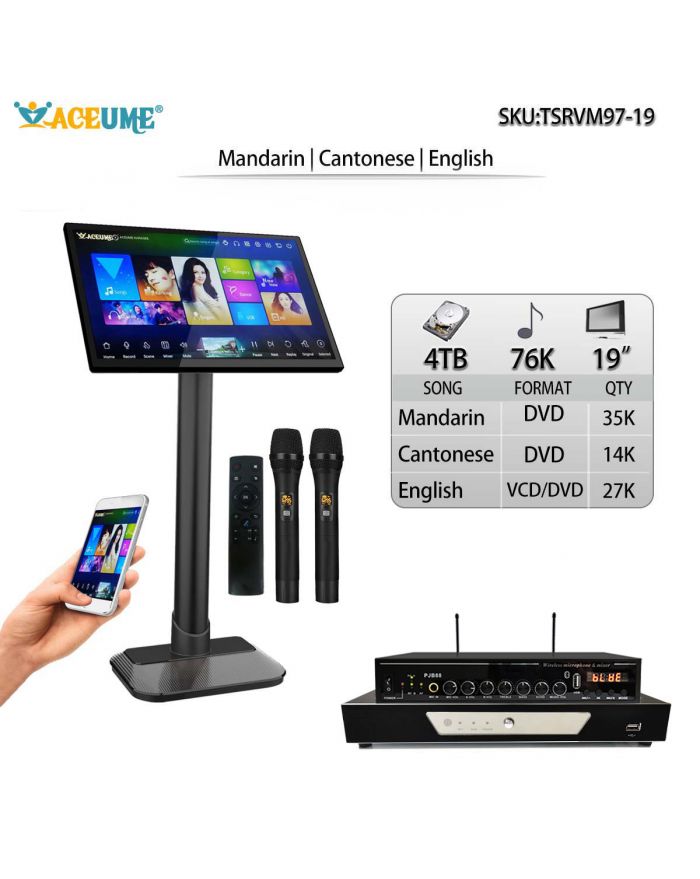 TSRVM97-19 4TB HDD 76K Mandarin Cantonese English Songs 19" Touch Screen Karaoke Machine ECHO Mixing Microphone Port Cloud Download