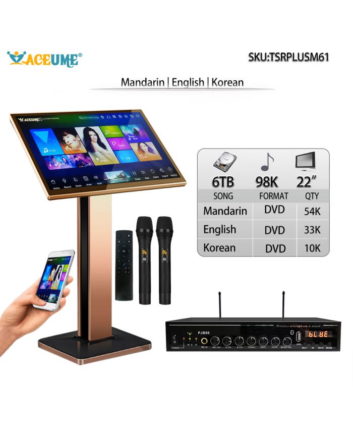 TSRPLUSM61-6T HDD 98K Mandarin DVD English DVD Korean DVD Songs 22" Touch Screen Karaoke Machine Mixing Amplifier Loud Speaker Wireless Microphone Free Cloud Download Whole Set Karaoke Equipment