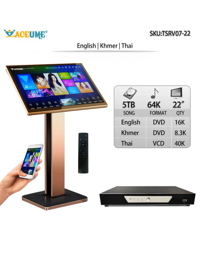 TSRV07-22 5TB HDD 64K NEW Khmer/Cambodian DVD songs Thai English Songs 22" Touch Screen Karaoke Player Select Songs Via Monitor and Mobile deviece Remote Controller Includd Multilingual Menu And Fast Search