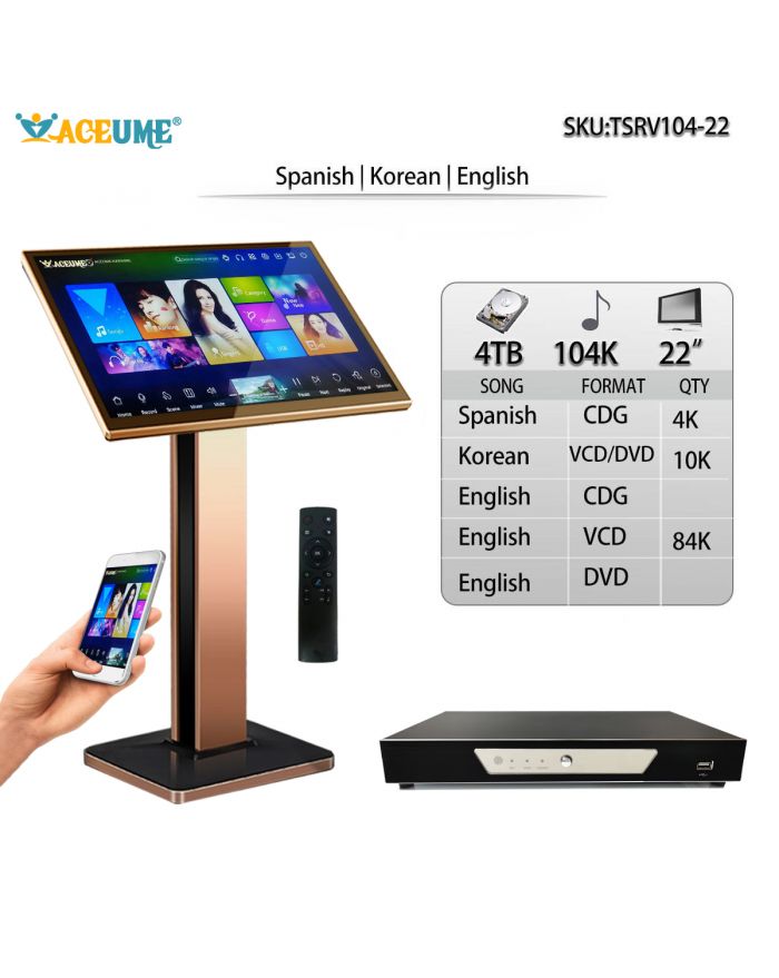 TSRV104-22 4TB HDD104K Korean And English Songs  TSRV 22" Touch Screen Karaoke Player Songs Player Jukebox Select Songs Both Via Monitor 