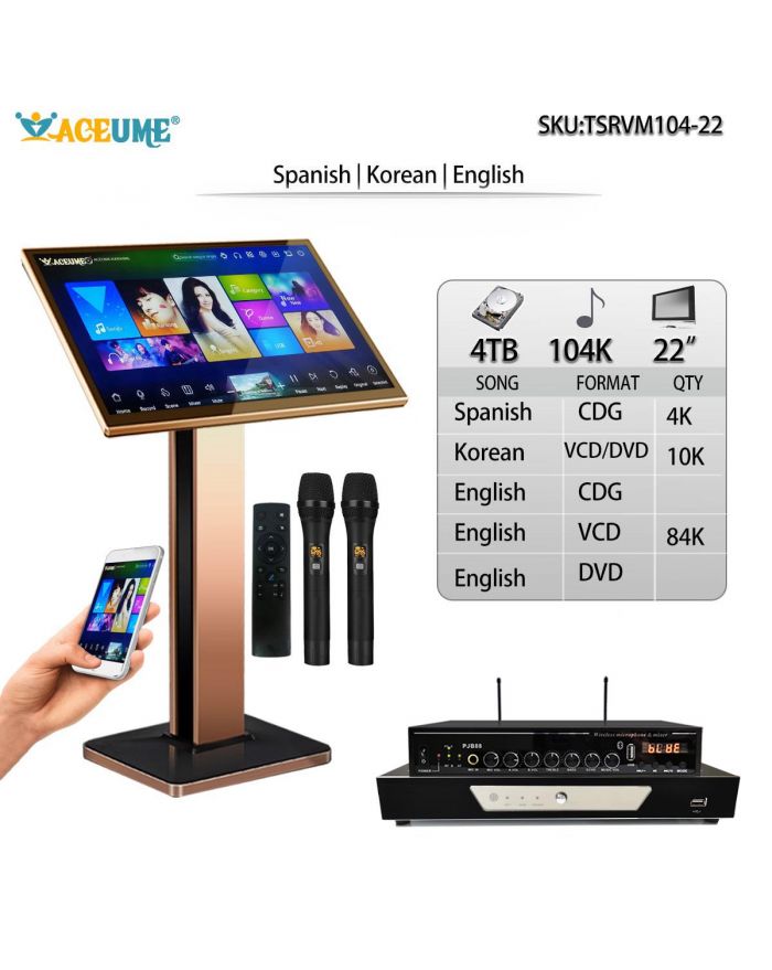 TSRVM104-22 4TB HDD 104K Korean  Spanish English Songs ACEUME TSRV 22" Touch Screen Karaoke Player Songs Player Jukebox Select Songs Both Via Monitor Microphone